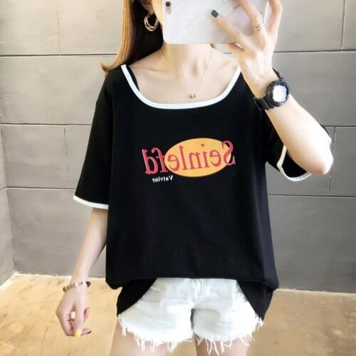 #0069 Black White Green Letters Printed Long T-Shirt Women Short Sleeve Hip Hop T Shirt Square Collar Womens Tee Shirts Summer