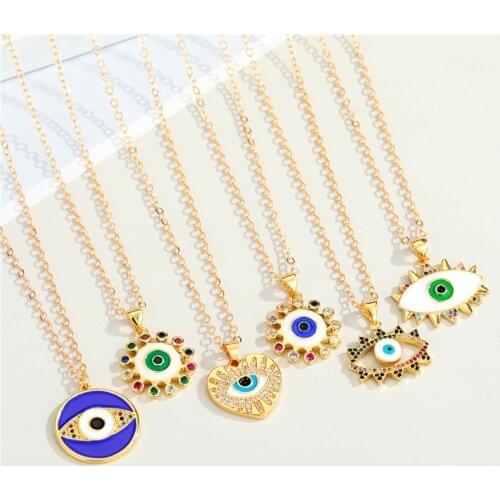 1PC Vintage Enamel Heart Sun Evil Eye Necklace For Women Turkish Jewelry Rainbow Crystal Hollow Greek Eye Necklace Chain N194