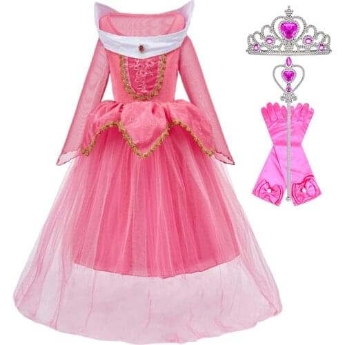 Girls Sleeping Beauty Dress Kids Aurora Christmas Evening Dress Sleeping Beauty Wig Baby Girl Cosplay Halloween Costume 3-10T