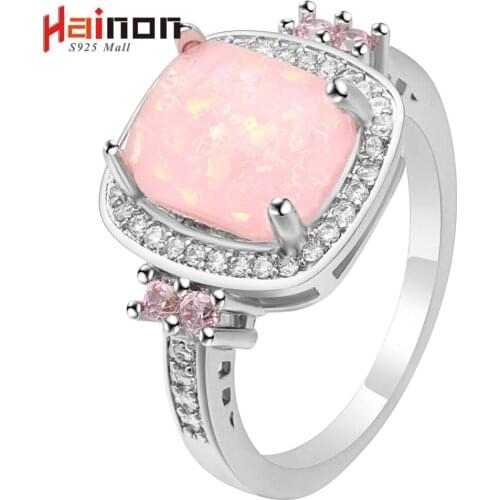 Hainon Austrian Crystal Pink Opal Ring Fashion Jewelry Wholesale New Luxury Women Gift Silver Color Large Square Fire Opal Rings