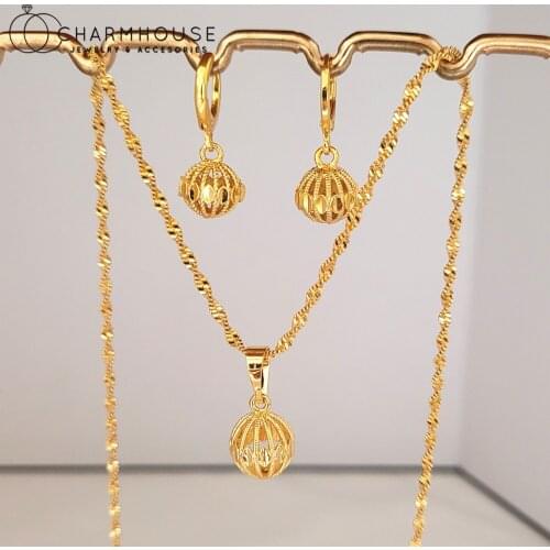 Yellow Gold GP Jewelry Set For Women Flower Ball Bead Pendant Necklace Earrings 2pcs Vintage Jewelry Set Accessories Bijoux