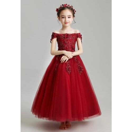 Off Shoulder Flower Lace Girl Wedding Party Flower Girl Dress Kids Princess Pageant Birthday Gowns First Communion Baptism Gown