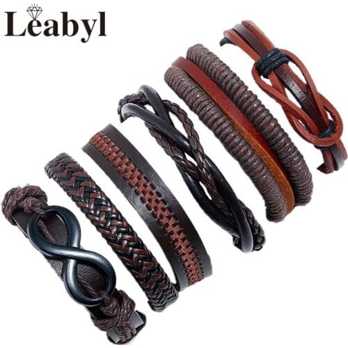 Leabyl Classic Simple Brown Cow Leather Strap Punk Men Bracelet Set DIY Braided 8 Model Rope Strap Wrap Bracelet Vintage Jewelry