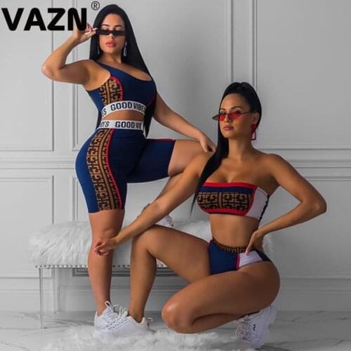 VAZN GCY18159 Summer Red Blue BlackYoung Girl Crop Top Print England Style Sexy 2019 Set Sleeveless 2 Piece Sets Night Club Sets