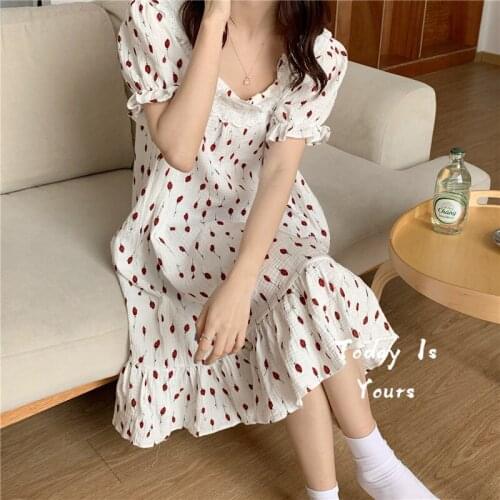 Sweet Summer Nightgown Cotton Korean Lace Square Collar Sleepwear Women Short Sleeve Kawaii Korean Home Clotthes Soft