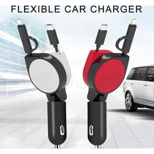 Multifunctional 3 in 1 Adapter Compatible Quick Charge For Android Type-C iPhone 3.1A Car Charger With Dual Retractable Cable