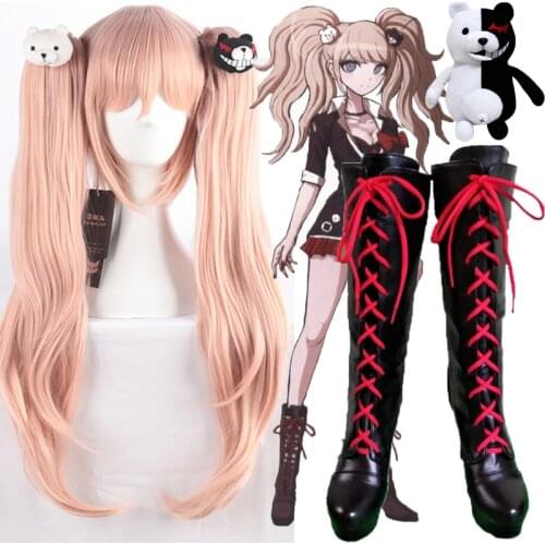 Anime Danganronpa 2 Enoshima Junko Cosplay wigs Boots Lace Up High Heel Shoes Drop Shipping Pu Leather Halloween doll headdress