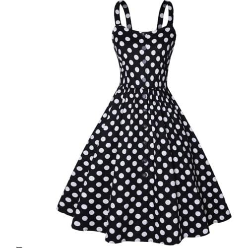 Summer Vintage Black Polka Dot Hepburn Dress Cotton 50s 60s Rockabilly Pin Up Retro Big Swing Sexy Spaghetti Strap Dress Vestido