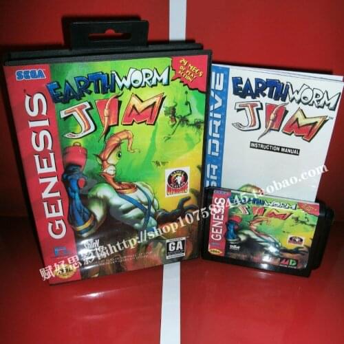 Sega MD game - Earth worm jim with Box and Manual for 16 bit Sega MD game Cartridge Megadrive Genesis system
