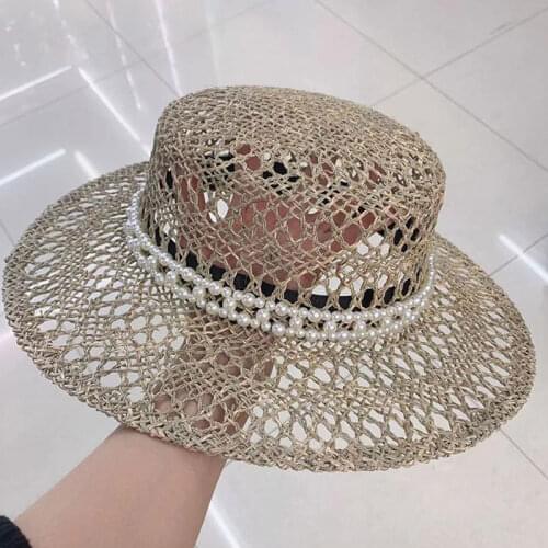 Fashion New Style Hand-woven Seagrass Straw Hat For Women Summer Breathable Sunshade Pearl Chain Flat Top Fedora Chapeu Feminino