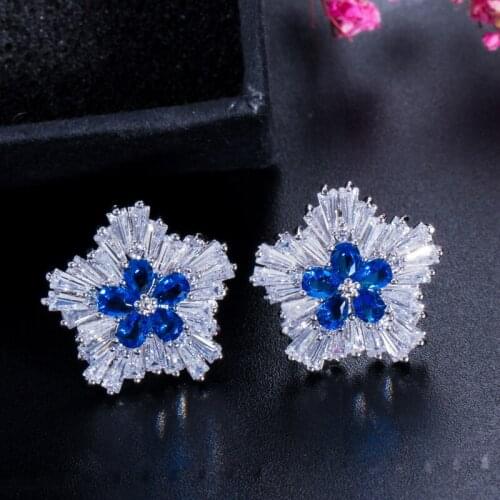 ThreeGraces Fashion Silver Color Luxury Zirconia Crystal Women Big Christmas Earrings Jewelry With Red Blue Green Stones ER041