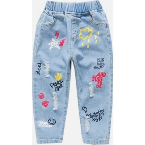 2020 Hot sale Kids girls casual denim pants children new fashion letters print distrressed Jeans for girls 2-7 years