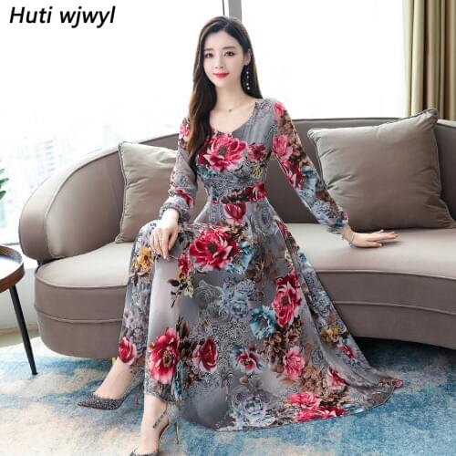 2021 Vintage Long Sleeve Maxi Dresses Autumn Winter New 3XL Plus Size Floral Chiffon Dress Elegant Women Bodycon Party Vestidos