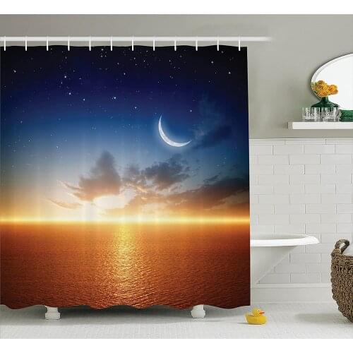 Ocean Shower Curtain Sunset Sky with Moon and Stars Alluring Horizon Scenery Fantasy Artwork Print Waterproof Bath Curtains
