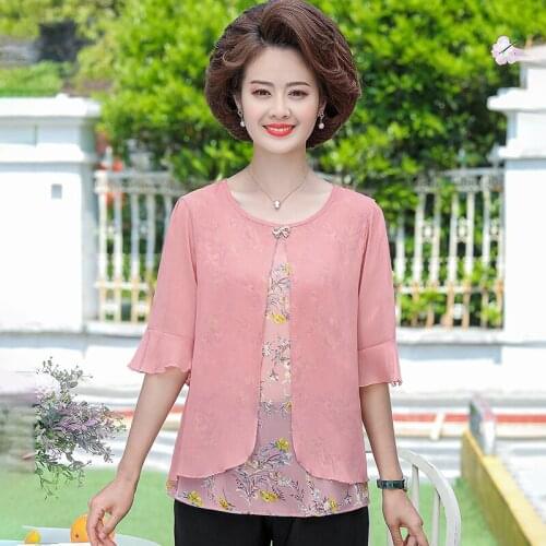 Fake Two Pieces Chiffon Shirt Women Flare Half Sleeve Blouses Summer 2021 Fashion Plus Size 5XL Middle Age Mother Tops Blusas