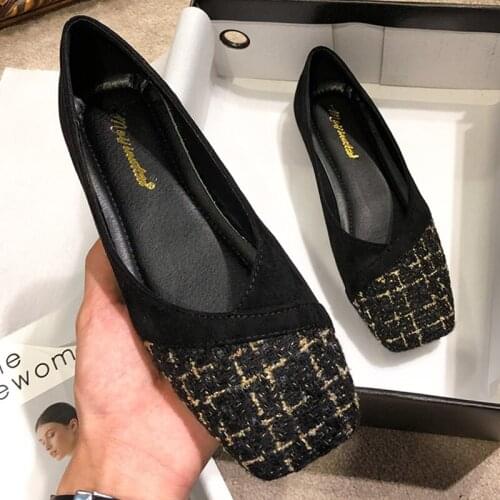 Patchwork Square toe flock ballet flats woman shallow comfy flats shoes women moccasins checkered slip on ballerina femme 2020