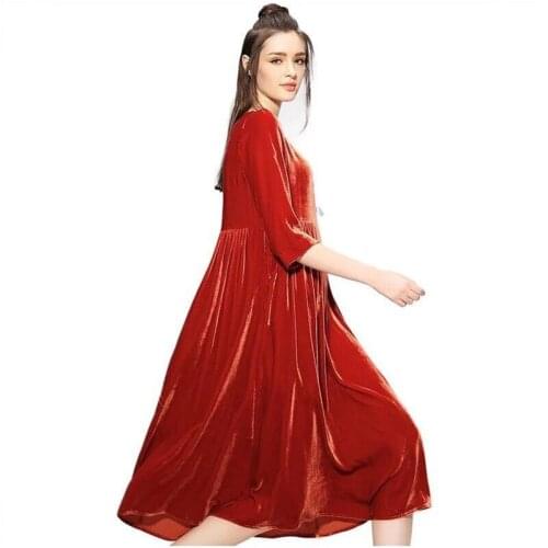 2020 Europe A-Line Velvet Dresses High Waist Velour Dresses O-Neck Elegant Velour Three Quarter Dress Plus Size M-5XL 6XL 7XL