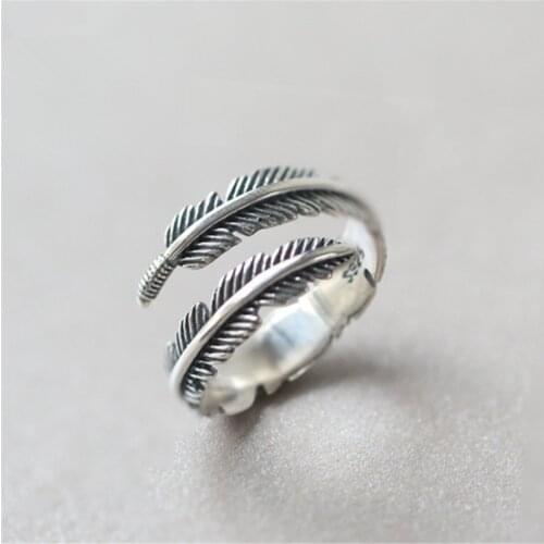Vintage Design 925 Sterling Silver Adjustable Open Feather Rings For Women Lady Fashion Party Jewelry Bijoux Femme jz384