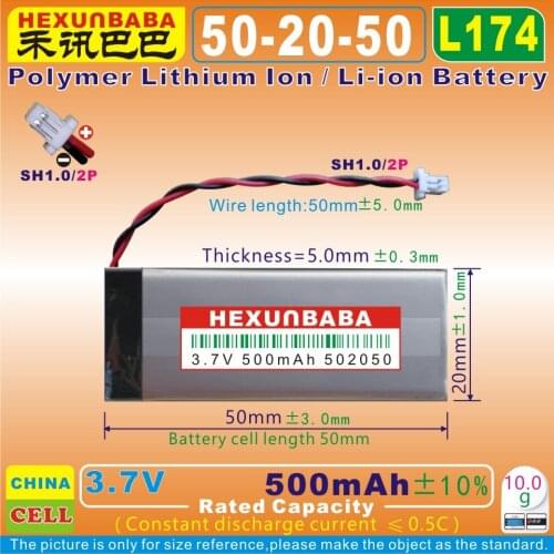 5pcs [L174] [T175] 3.7V 500mAh [502050] SH1.0 2P,Polymer lithium ion battery for bluetooth earphone,speaker,record pen,mp3,mp4