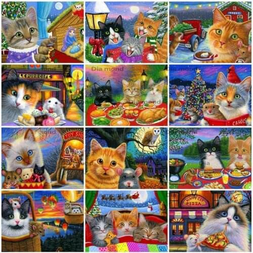 Diamond Embroidery Cat Rhinestone Picture 5D DIY Diamond Painting Cat Cross Stitch Christmas Mosaic Art Home Decoration