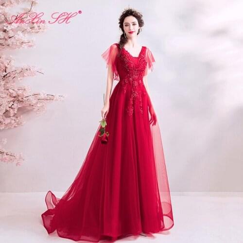 AnXin SH princess red flower lace evening dress vintage red rose beading crystal illusion beach illusion evening dress 9286