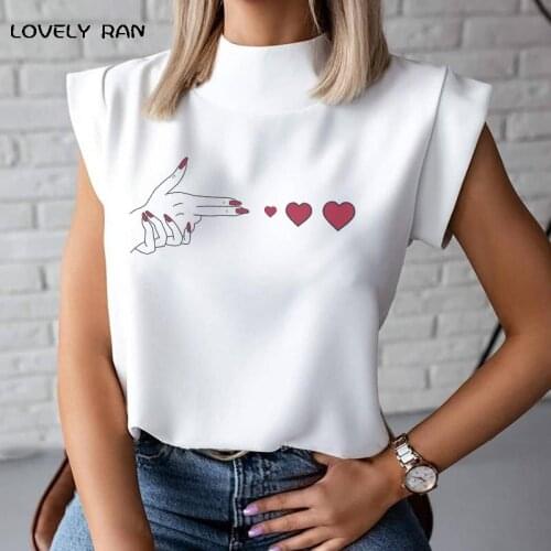 Sleeveless White Women Blouses Heart Finger Print Stand Collar Love Blouse Office Lady Casual Summer Top Female Cool Streetwear