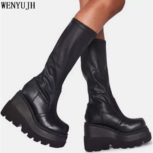 Brand Design Black Gothic Style Thick Platform Boots Spring Autumn Winter Wedges Shoes Women Fashion Punk Street Cosplay Boots