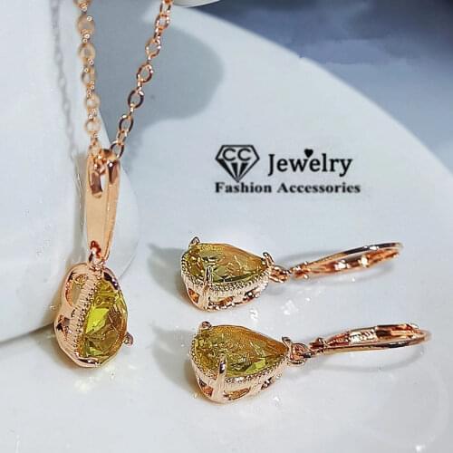 CC 18K Plated Earrings Set 925 Silver Yellow Cubic Zircon Water Drop Earring and Pendant Necklace Sets Fine Jewelry CCE624