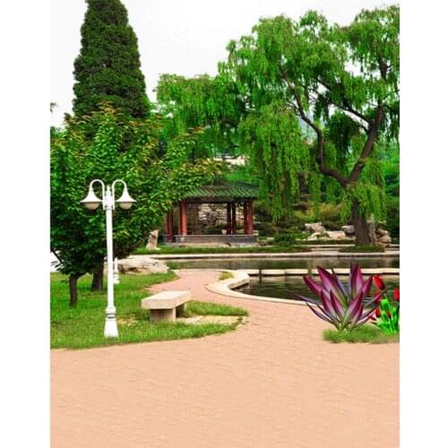 Green Tree Grass Chinese Pavilion Flowers Photography Backdrops Photo Props Studio Background 5x7ft