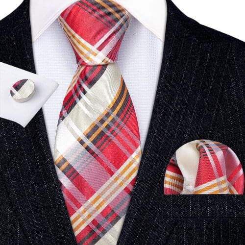 Fashion Red Khaki Plaid 100% Silk Tie Gifts For Men Gifts Suit Wedding Tie Barry.Wang NeckTies Hanky Sets Business LN-5343