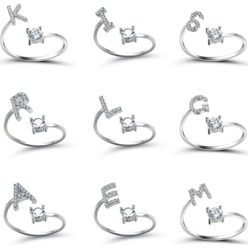 Creative A-Z Alphabet 26 Letter Rings Personlity Initial Name Open Rings Silver Color Rhinestone Finger Ring Party Jewelry Gift