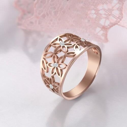 Cazador Luxur Zircon Ring Trendy Rose Gold Color Stainless Steel Flower Wedding Rings for Women Party Girls Jewelry Wholesale