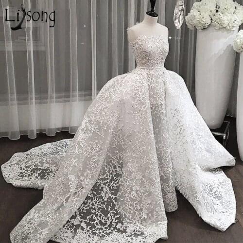 Dubai Lace Wedding Dresses 2018 With Detachable Train Saudi Arabic Bridal Gowns Over-skirt Appliques Abiye Vestidos De Noiva