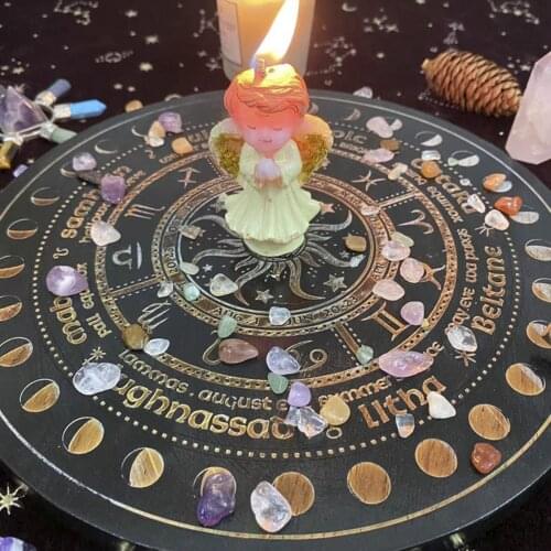 Crystal Energy Disk Witch Divination Pendulum Board Annual Ring Oak Carving Astrolabe Altar Pendulum Prayer Ritual Props