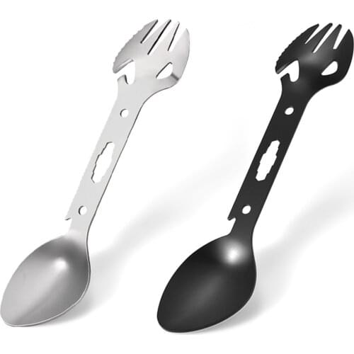 Multifunctional Stainless Steel EDC Spork Fork Spoon Bottle Can Opener Blade Wrench for Outdoor Picnic Survival Camping
