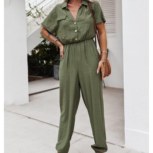 Fashion Womens Casual Button Jumpsuit Women Sexy Short Sleeve Playsuit Vintage Solid Color Harem Pants Overall Loose Rompers