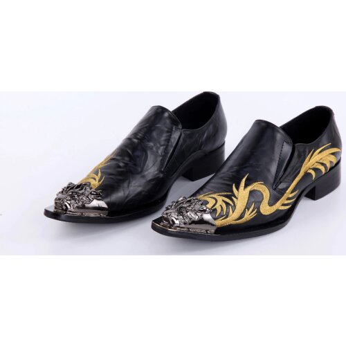 Black Formal Dress Wedding Shoes Men Flats Soft leather Slip on Metal pointed toe Genuine leather Dragon Embroidery Oxfords