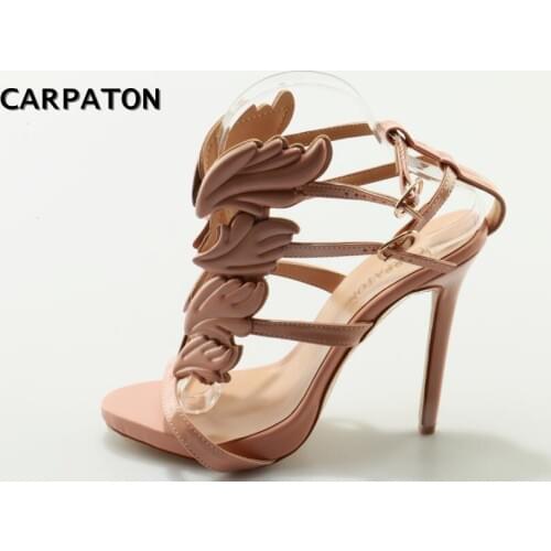 Carpaton Newest Open Toe High Heel Sandal 2018 Nude Leather Gladiator Sandal Buckle Strap Metal Leaf Decorations Thin Heels Shoe