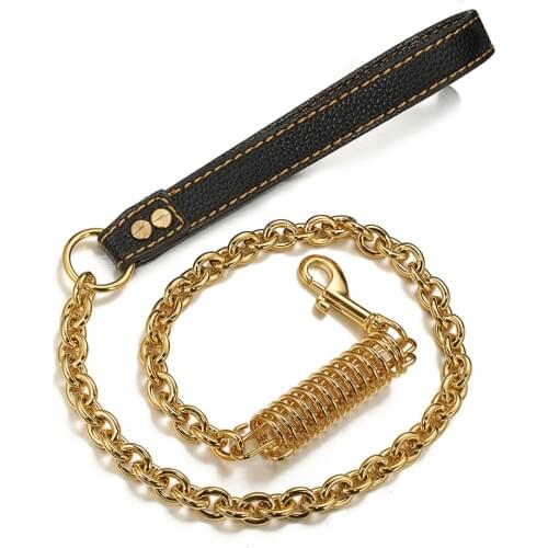 New Dog Chain Leash Heavy Duty 18K Gold 15mm Stainless Steel Chain Labor-Saving Spring with Leather Handle for Medium Large Dogs