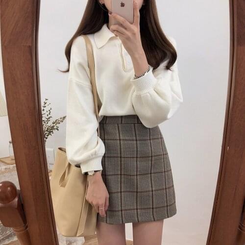 Solid Women Sweater Ekorean Style Casual Polo Collar Flare Sleeve Warm Pullover Jumper Female All-matching Knitwear Winter Cloth
