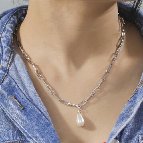 Skyrim New Baroque Pearl Pendant Choker Necklace for Women Girls Stainless Steel Paper Clip Chain Necklaces Jewelry Gift Female