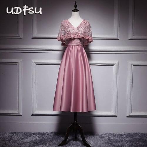 UDFSU Women elegant boat neck evening dress V-Neck lace bride knee length dresses short sleeve A-Line gowns
