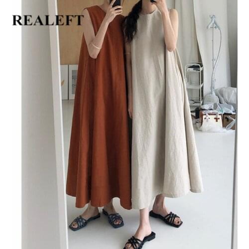 REALEFT Summer 2021 New Classic Sleeveless Womens Dress Chic High Waist O-Neck Female Straight Boho Loose Tank Long Dress