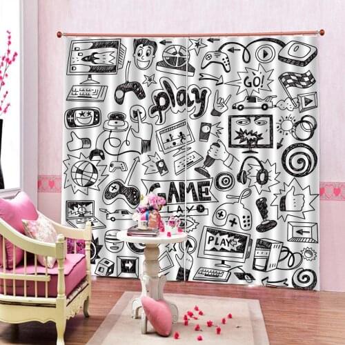 Custom Simple Painting Play Games Curtains Black and white Retro Gaming Computer Drapes For Childrens playroom Blackout Decor