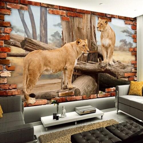 Custom Photo Wallpaper 3D Stereo Space Brick Wall Animal Lion Background Wall Sticker Mural Living Room Bedroom Papel De Parede