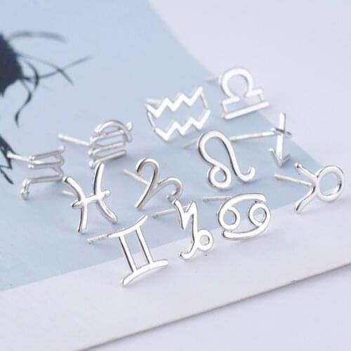 Silver Plated Zodiac Sign Stars Stud Earrings for Men 12 Constellation Symbols Fashion Women Birthday GiftJewelry Birthday Gift