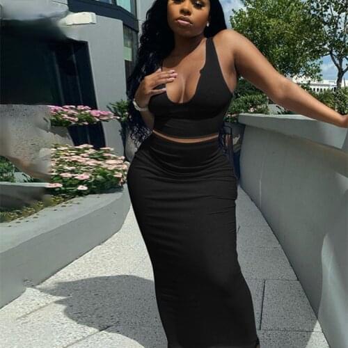 Casual Party Matching Sets Soild Bodycon 2 Two Piece Sets Women Sleeveless Crop Top Midi Skirts Suits Summer Streetwear M0499