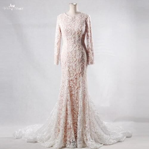 RSW1098 Sexy Backless Cathedral Train Long Sleeve Lace Mermaid Wedding Dress