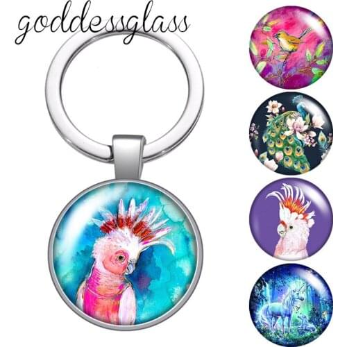 Cute parrot Birds peacock Cat Unicorn glass cabochon keychain Bag Car key chain Ring Holder Charms keychains gift