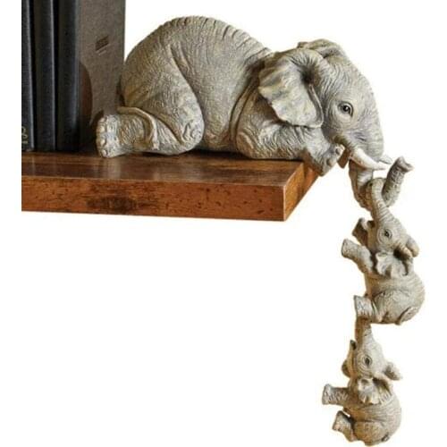 Elephant Sitter Hand-Painted Resin Figurines 3pcs Mother and Two Babies Hanging off the Edge of Shelf Table